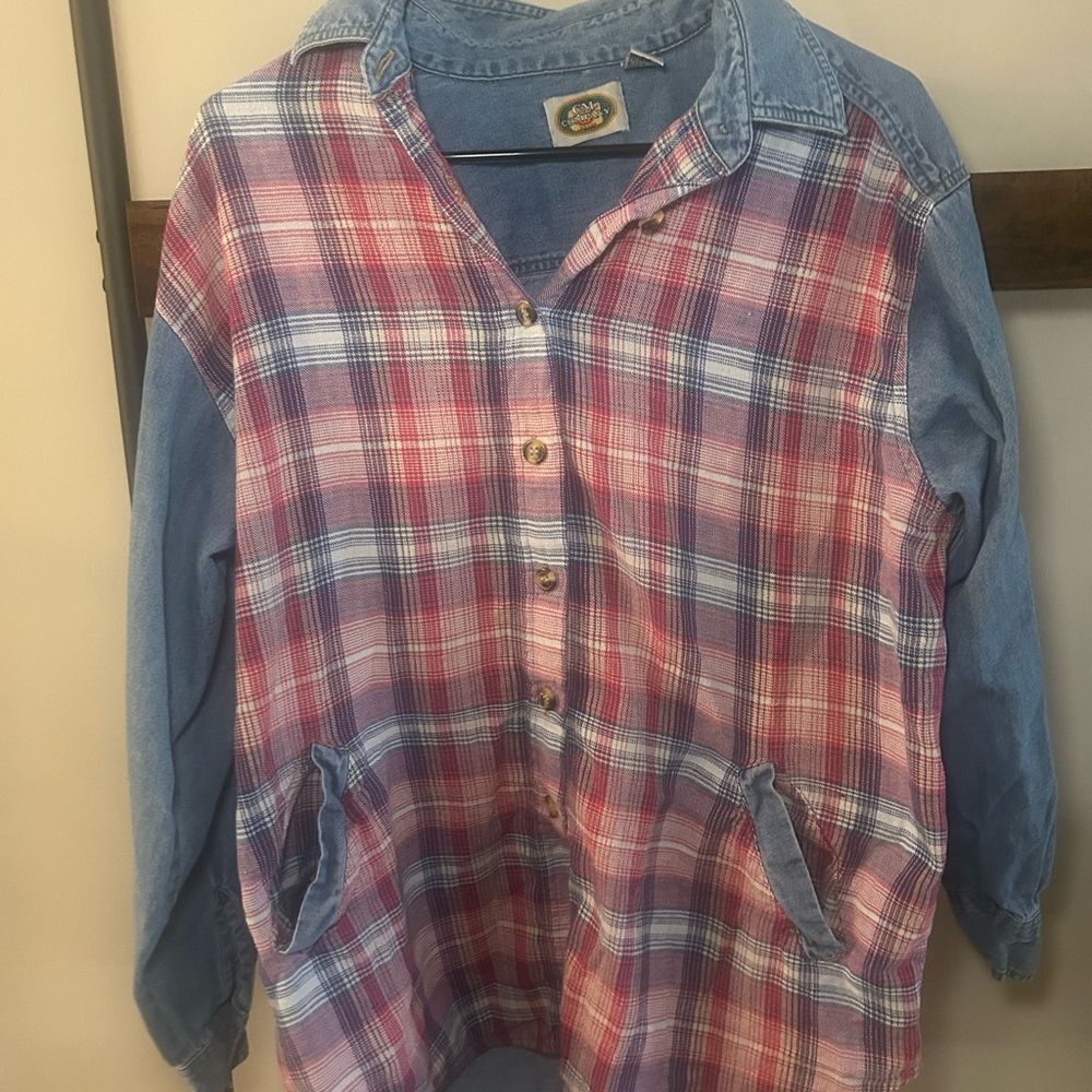 Vtg CM Company Grandmacore Plaid Denim Mix Button Up Shirt Medium 100% Cotton
